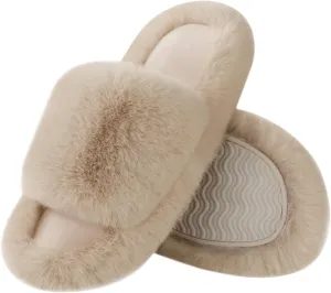 Ankis Womens’s Slippers Comfy Memory Foam House Open Toe Fuzzy Slipper Plush Indoor Outdoor Slide Furry Platform Fur Lined Shoes