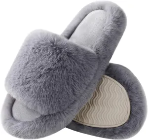 Ankis Womens’s Slippers Comfy Memory Foam House Open Toe Fuzzy Slipper Plush Indoor Outdoor Slide Furry Platform Fur Lined Shoes