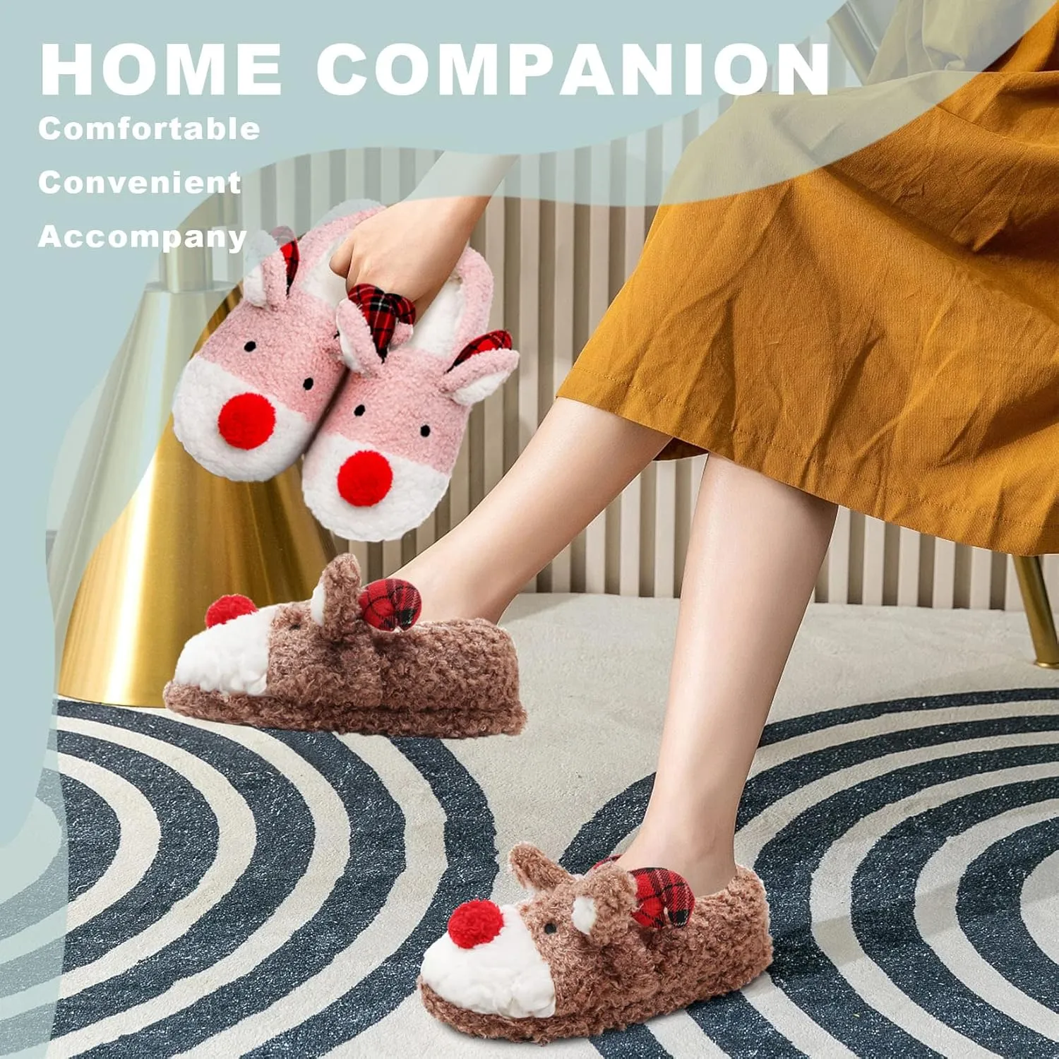 ASHION Women's Cute Fuzzy Reindeer House Slippers Stuffed Animal Bedroom Slippers Cozy Christmas Indoor Shoes