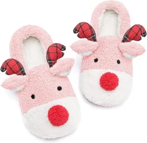 ASHION Women's Cute Fuzzy Reindeer House Slippers Stuffed Animal Bedroom Slippers Cozy Christmas Indoor Shoes
