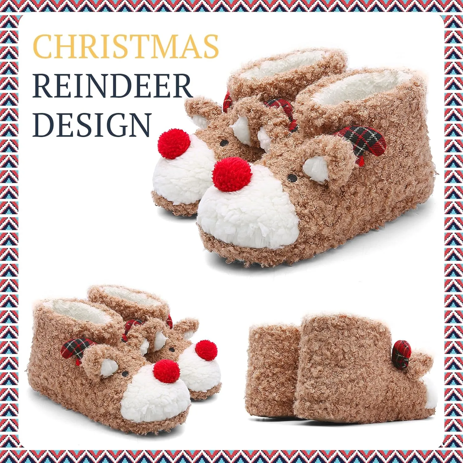 ASHION Women's Cute Fuzzy Reindeer House Slippers Stuffed Animal Bedroom Slippers Cozy Christmas Indoor Shoes