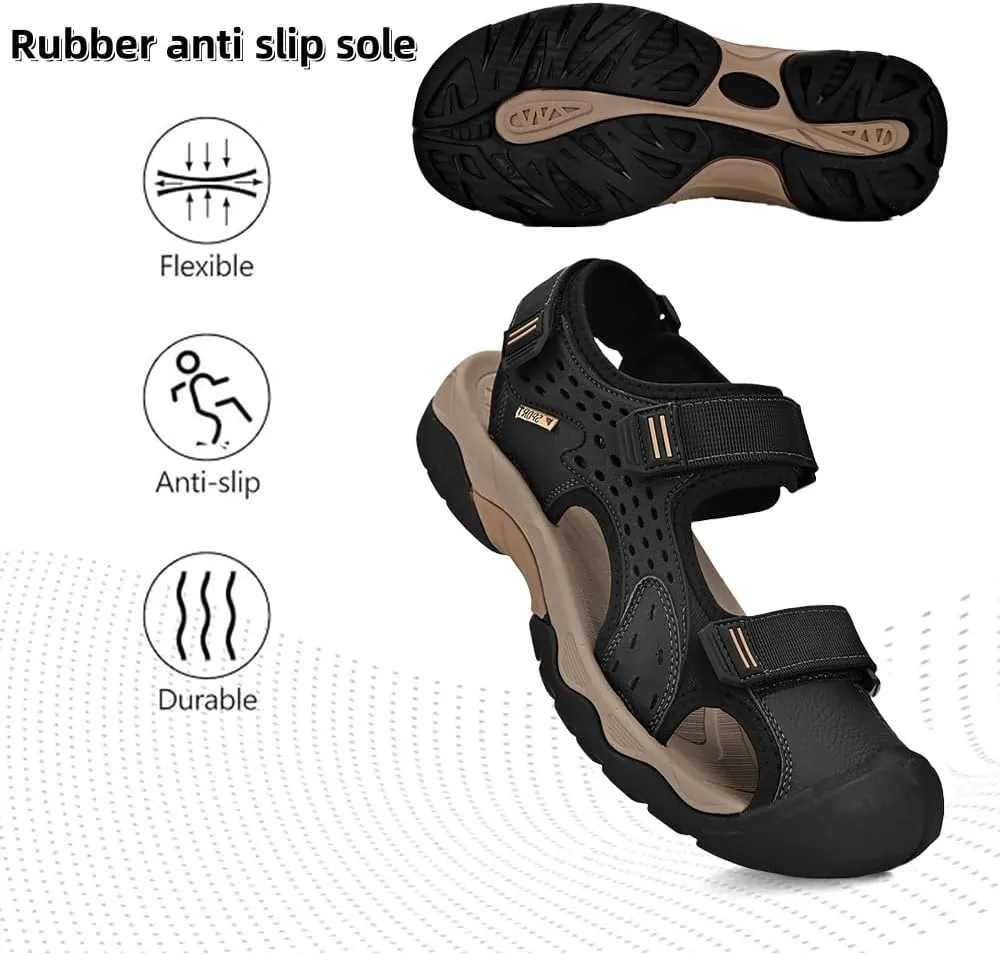 Asifn Men's Casual Sandals Closed Toe Outdoor Athletic Hiking Walking Lightweight Leather Breathable Non-slip Beach Water Shoes