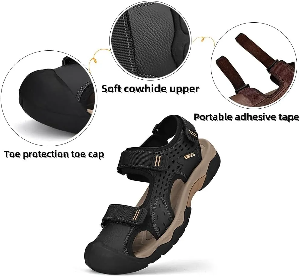 Asifn Men's Casual Sandals Closed Toe Outdoor Athletic Hiking Walking Lightweight Leather Breathable Non-slip Beach Water Shoes