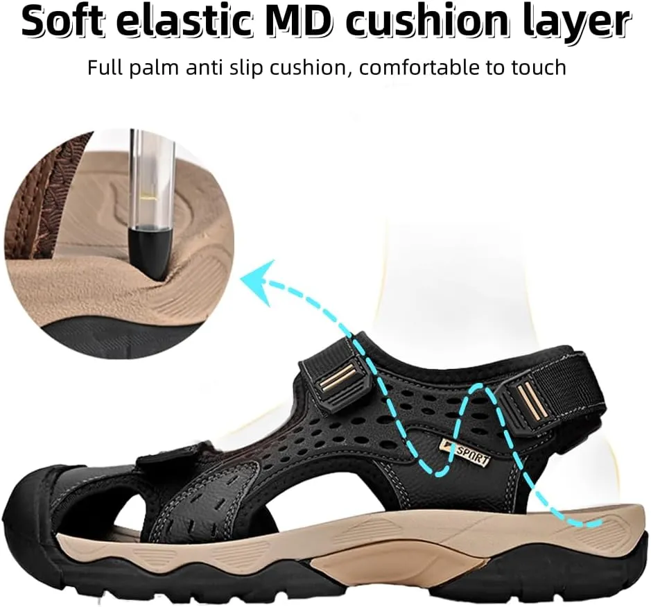 Asifn Men's Casual Sandals Closed Toe Outdoor Athletic Hiking Walking Lightweight Leather Breathable Non-slip Beach Water Shoes