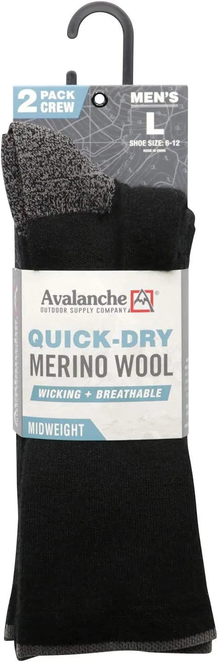 Avalanche Men's Quick Drying Merino Wool Blend Crew Socks With Arch Support 2-Pack