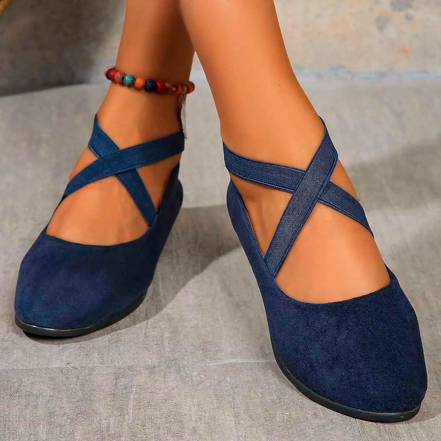 Ballet Flats Shoes for Women Crisscross Elastic Ankle Straps Shoes Round Closed Toe Wedge Slip-On Flats Comfortable Fashion Lightweight Dressy Casual Loafers