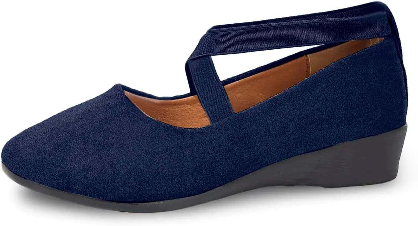 Ballet Flats Shoes for Women Crisscross Elastic Ankle Straps Shoes Round Closed Toe Wedge Slip-On Flats Comfortable Fashion Lightweight Dressy Casual Loafers