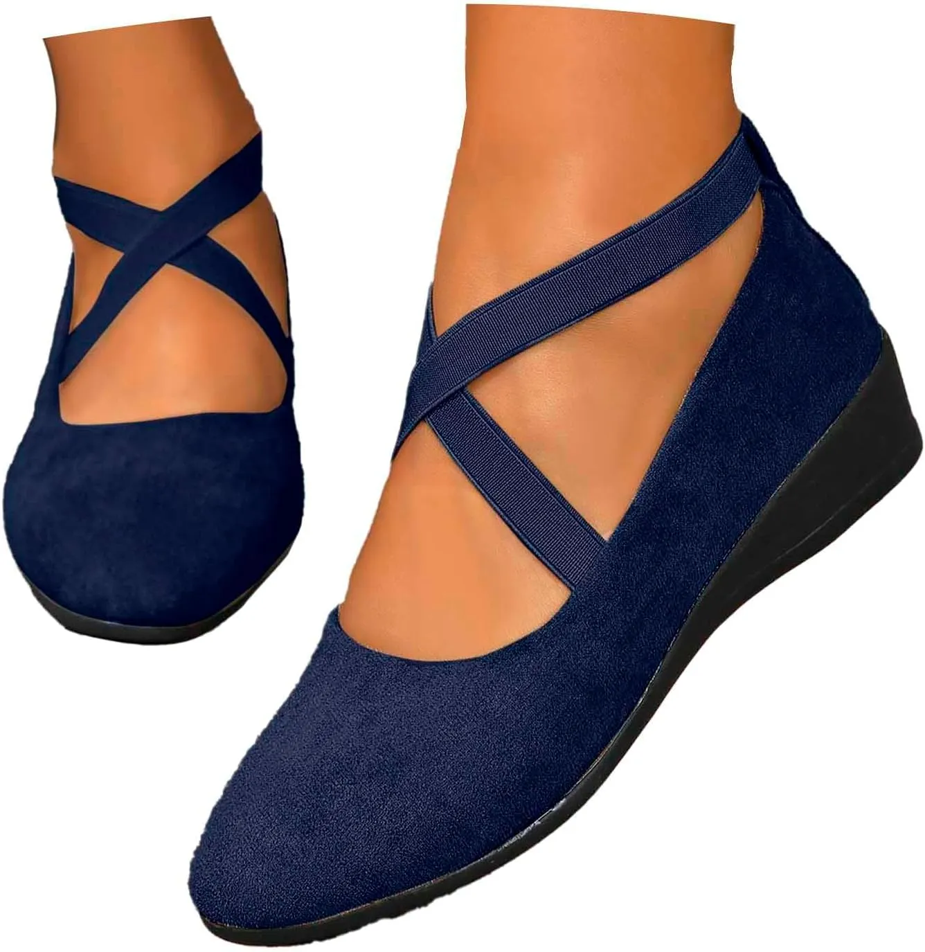 Ballet Flats Shoes for Women Crisscross Elastic Ankle Straps Shoes Round Closed Toe Wedge Slip-On Flats Comfortable Fashion Lightweight Dressy Casual Loafers