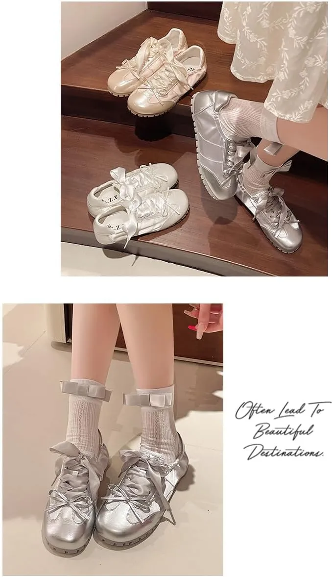 Ballet Sneakers for Women Round Toe Sneakerina Shoes Flats with Bows Satin Cute Y2K Retro Kawaii Elegant Dressy Fashion Trendy Tennis Trainers Gifts for Daughter Back to School Spring Summer Outdoors