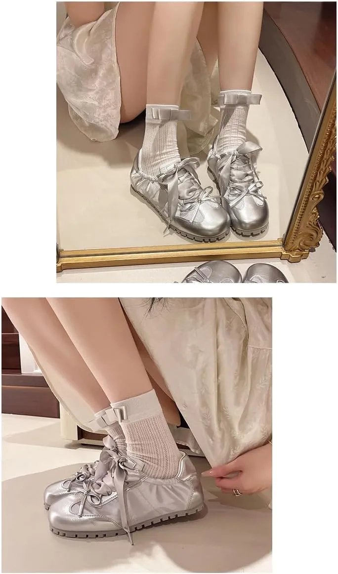 Ballet Sneakers for Women Round Toe Sneakerina Shoes Flats with Bows Satin Cute Y2K Retro Kawaii Elegant Dressy Fashion Trendy Tennis Trainers Gifts for Daughter Back to School Spring Summer Outdoors