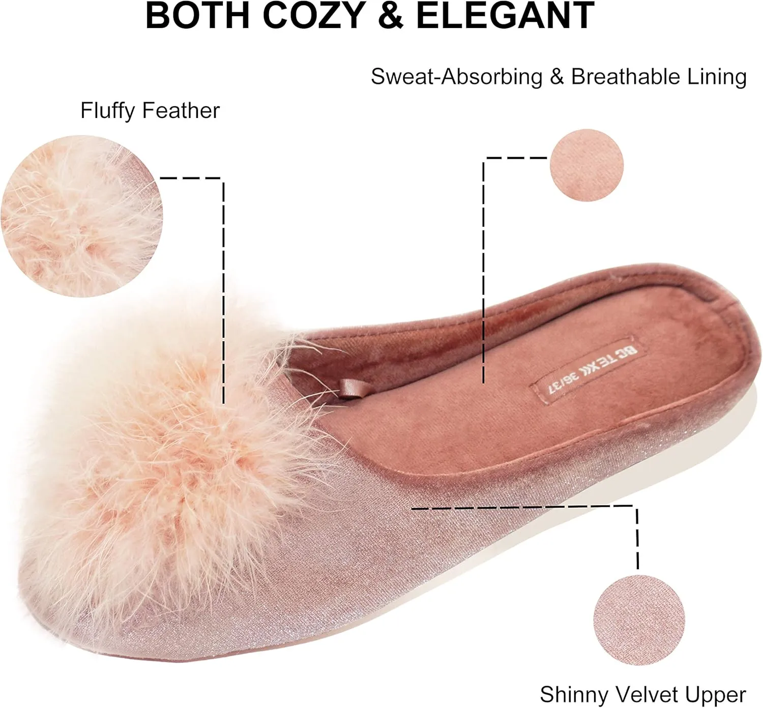 BCTEX COLL Women's Cozy Velvet Memory Foam House Slipper, Ladies Fuzzy Bedroom Slipper Non-slip Sole