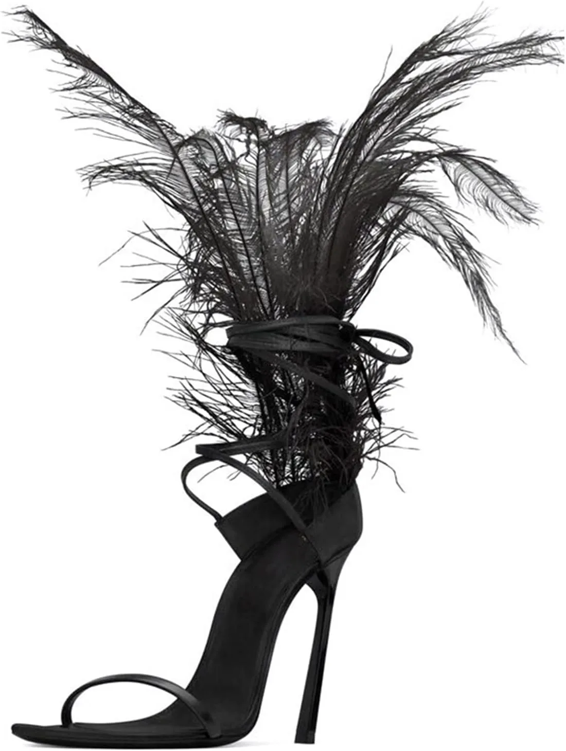 Black Feather Sandals for Women Ostrich Hair Decor Thin High Heels Dance Shoes Ladies Fur Sandals T Show Party Shoes