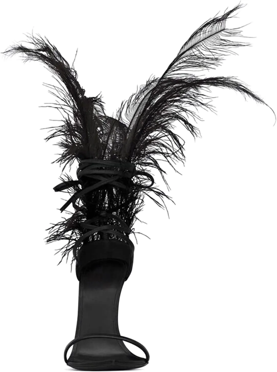 Black Feather Sandals for Women Ostrich Hair Decor Thin High Heels Dance Shoes Ladies Fur Sandals T Show Party Shoes