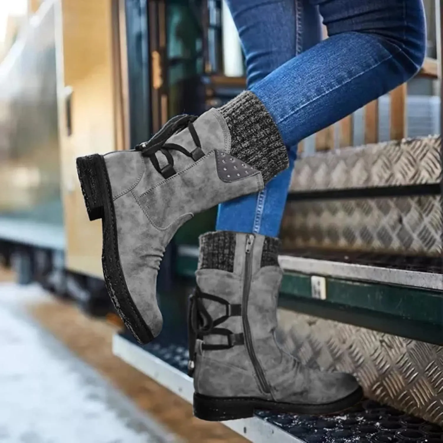 Boots for Women Trendy Winter Mid Calf Side Zip Low Heel Western Platform Hiking Booties Warm Non Slip Outdoor Shoes