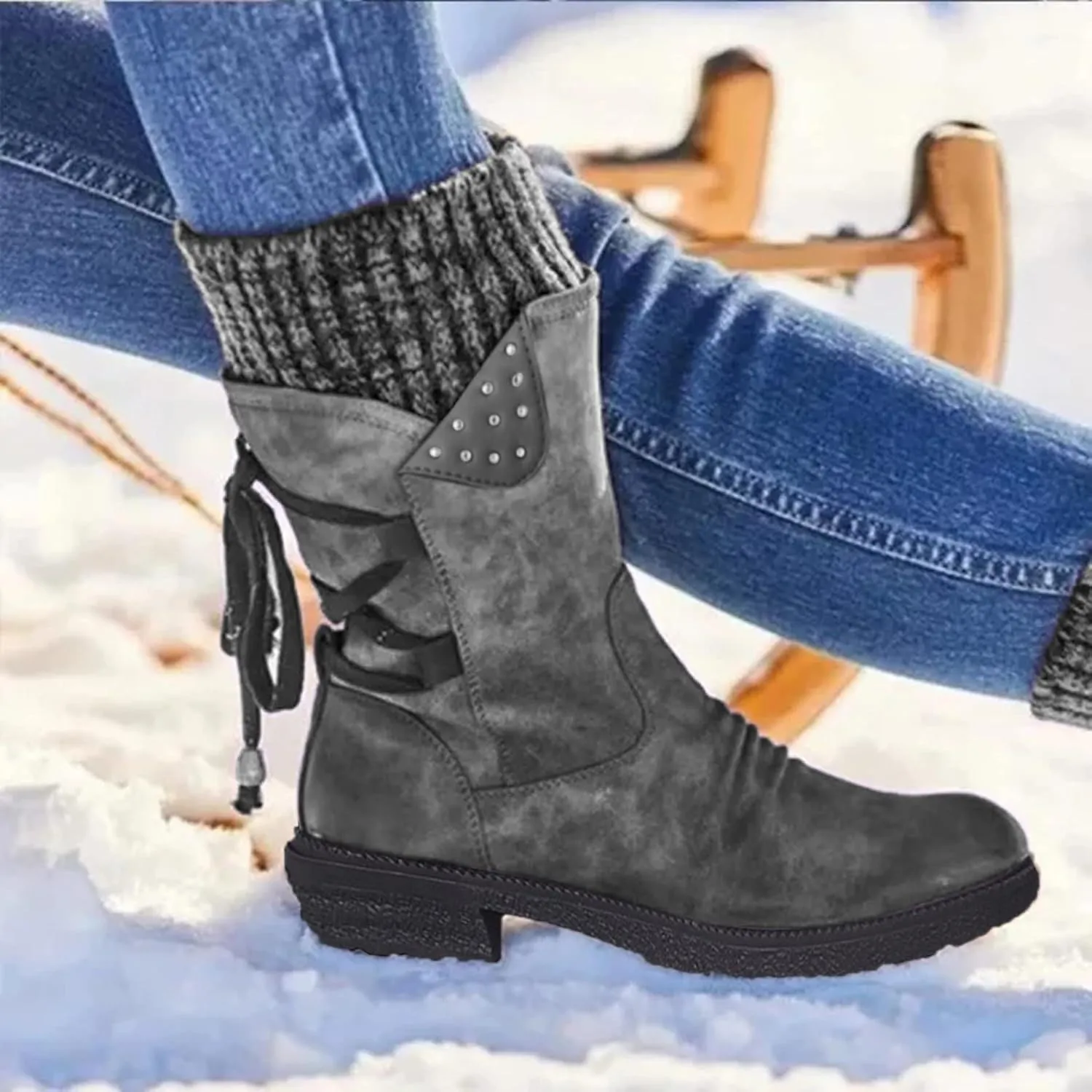 Boots for Women Trendy Winter Mid Calf Side Zip Low Heel Western Platform Hiking Booties Warm Non Slip Outdoor Shoes