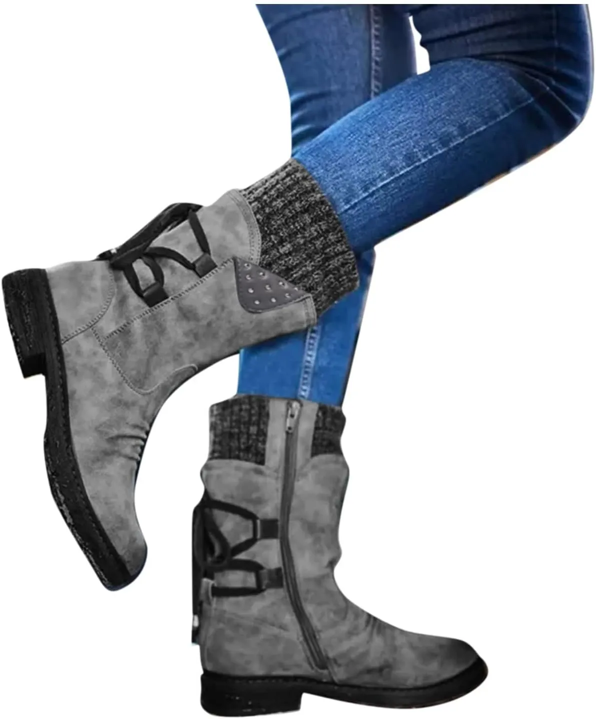 Boots for Women Trendy Winter Mid Calf Side Zip Low Heel Western Platform Hiking Booties Warm Non Slip Outdoor Shoes