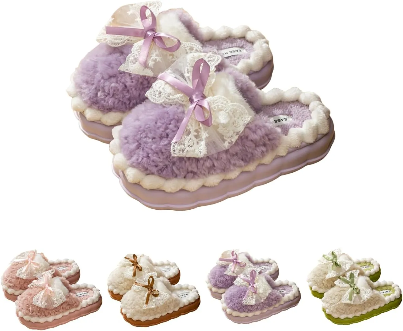 Bow Knot Plush Slippers Fashionable Home Rabbit Plush Warm Thick Soled Cotton Slippers