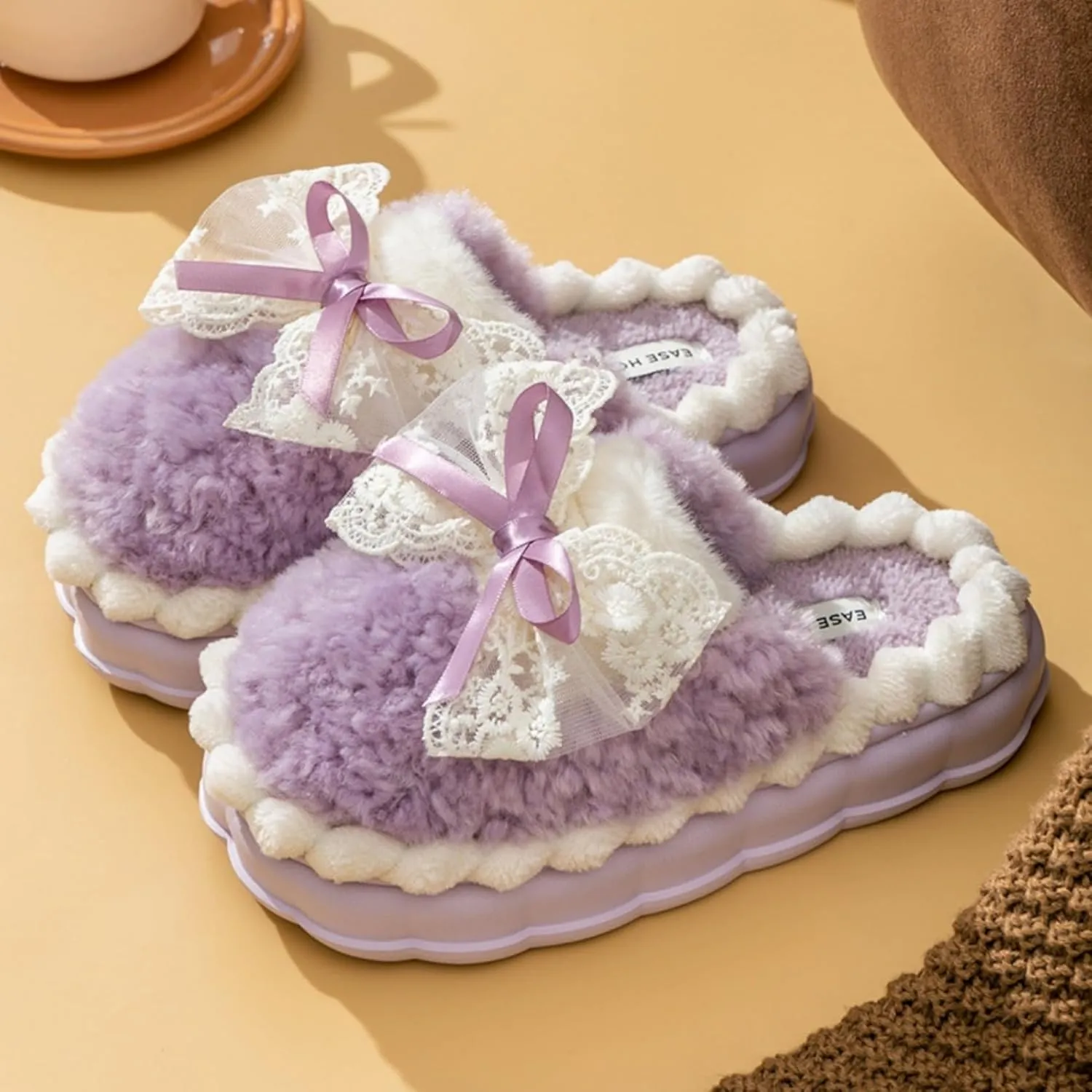 Bow Knot Plush Slippers Fashionable Home Rabbit Plush Warm Thick Soled Cotton Slippers