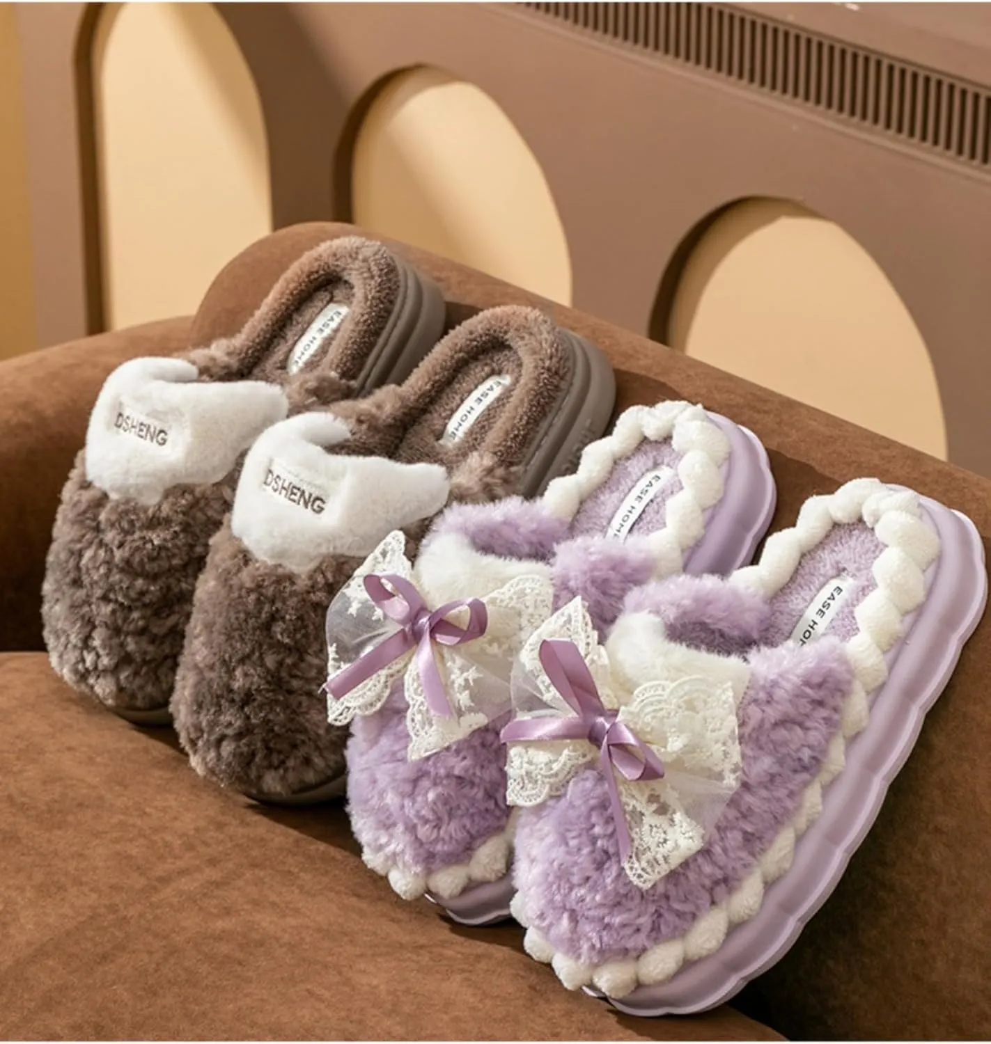 Bow Knot Plush Slippers Fashionable Home Rabbit Plush Warm Thick Soled Cotton Slippers