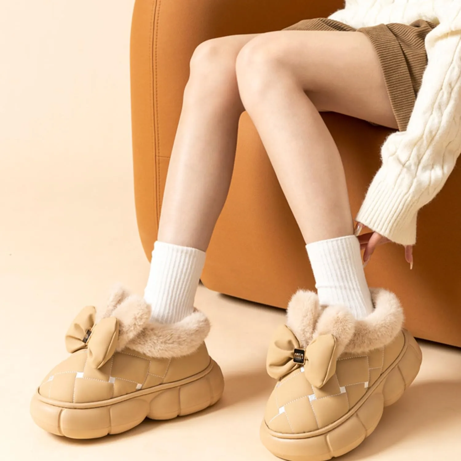 Bow Slippers, Women's Cute Bowknot Design Plush Lined Slipper Boots