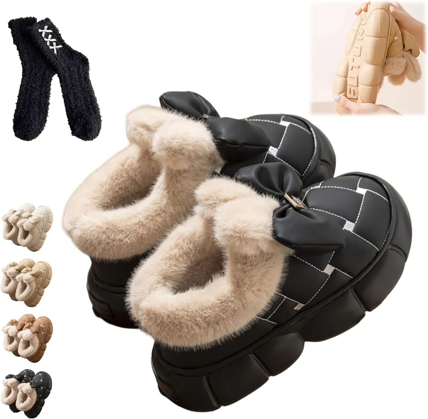 Bow Slippers, Women's Cute Bowknot Design Plush Lined Slipper Boots