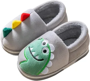 Boy's Girls Cute Dinosaur Warm Slippers - Kids Soft Plush Lined House Indoor Slip on Shoes