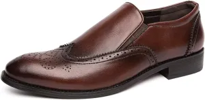 Business Loafer for Men Almond Toe Semi Brogues Synthetic Leather Sides Elastic Gussets Rubber Sole Block Heel Slip on Shoes
