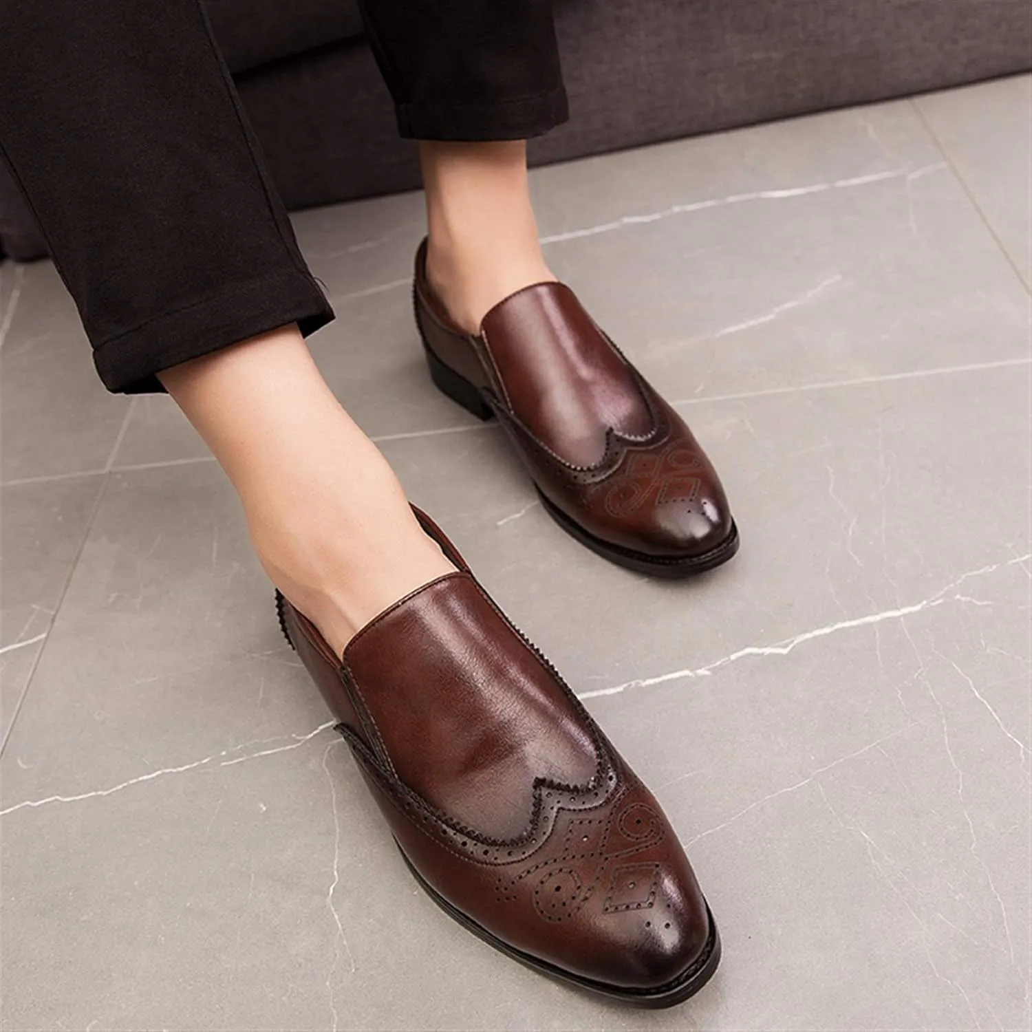 Business Loafer for Men Almond Toe Semi Brogues Synthetic Leather Sides Elastic Gussets Rubber Sole Block Heel Slip on Shoes