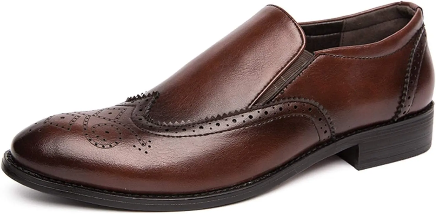 Business Loafer for Men Almond Toe Semi Brogues Synthetic Leather Sides Elastic Gussets Rubber Sole Block Heel Slip on Shoes