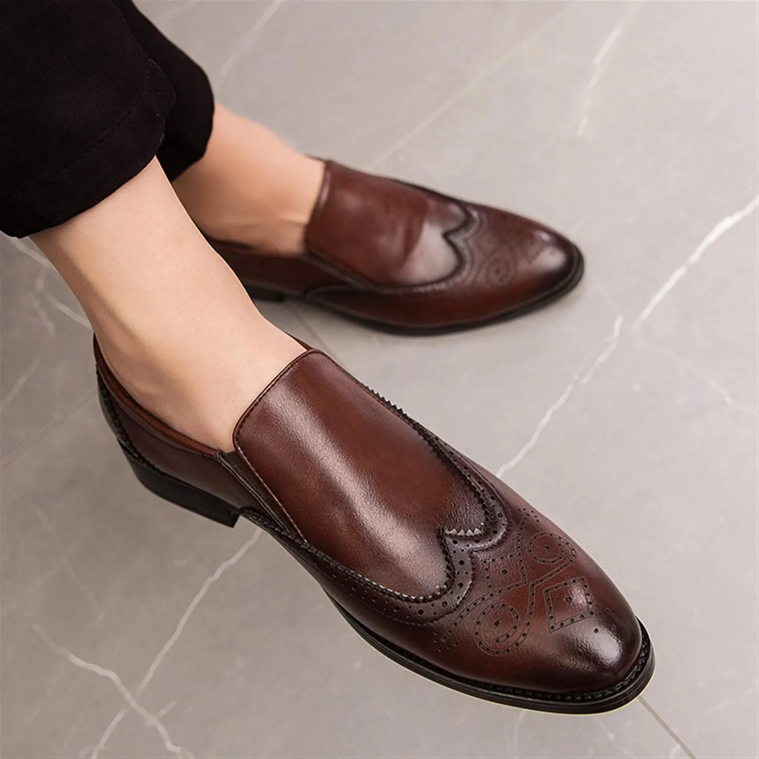 Business Loafer for Men Almond Toe Semi Brogues Synthetic Leather Sides Elastic Gussets Rubber Sole Block Heel Slip on Shoes