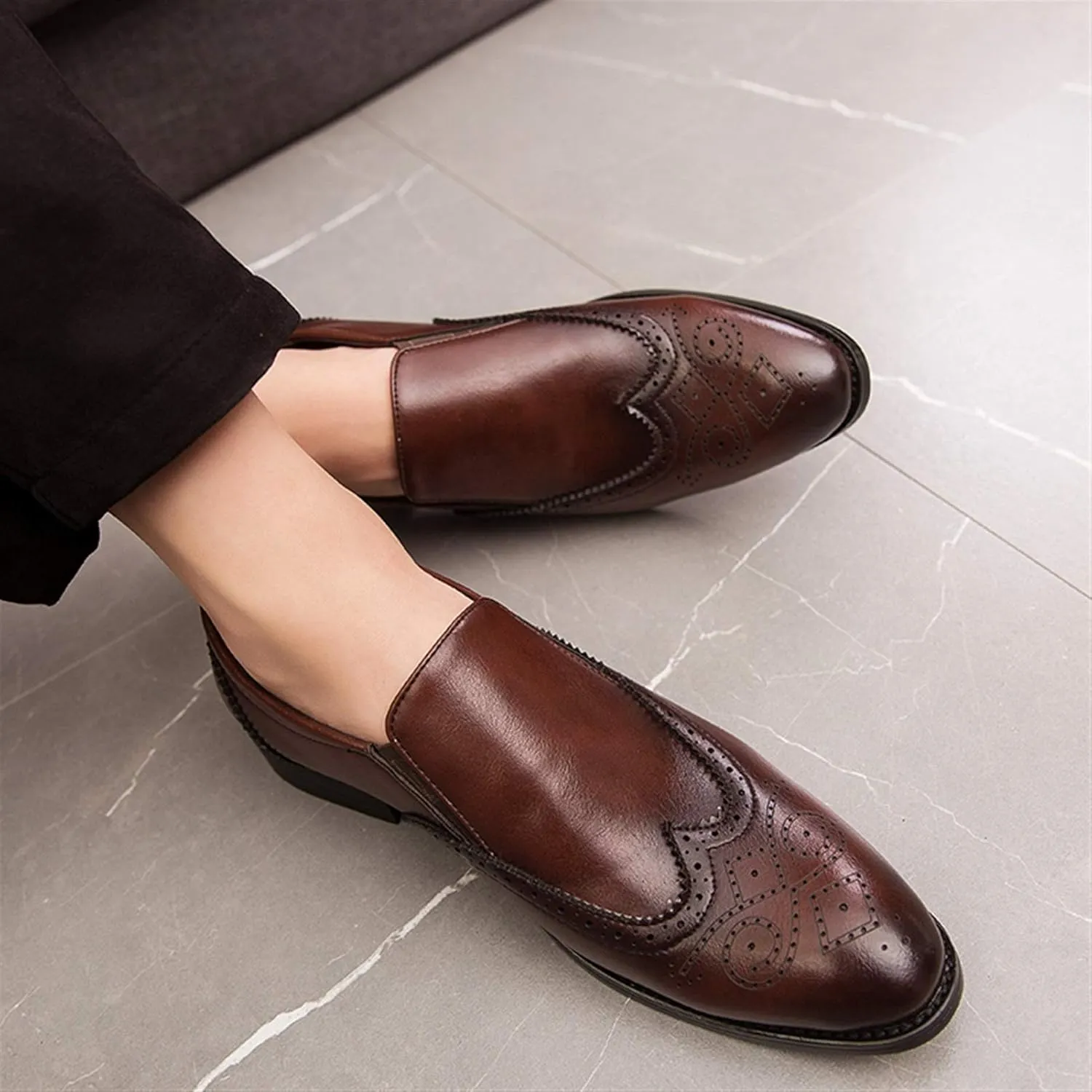 Business Loafer for Men Almond Toe Semi Brogues Synthetic Leather Sides Elastic Gussets Rubber Sole Block Heel Slip on Shoes