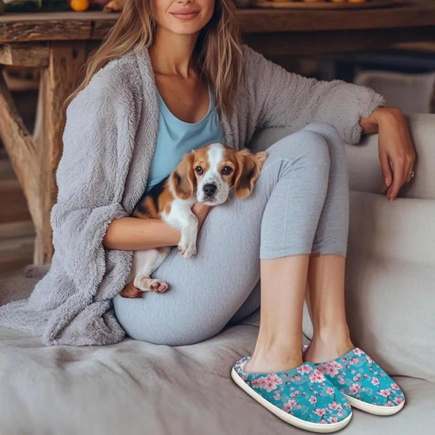 chaqlin Winter Fuzzy Slippers Flower Print Fluffy House Sandals Flat Heels Womens Wide Slip Resistant Memory Foam Bedroom Causal Shoes Slipper