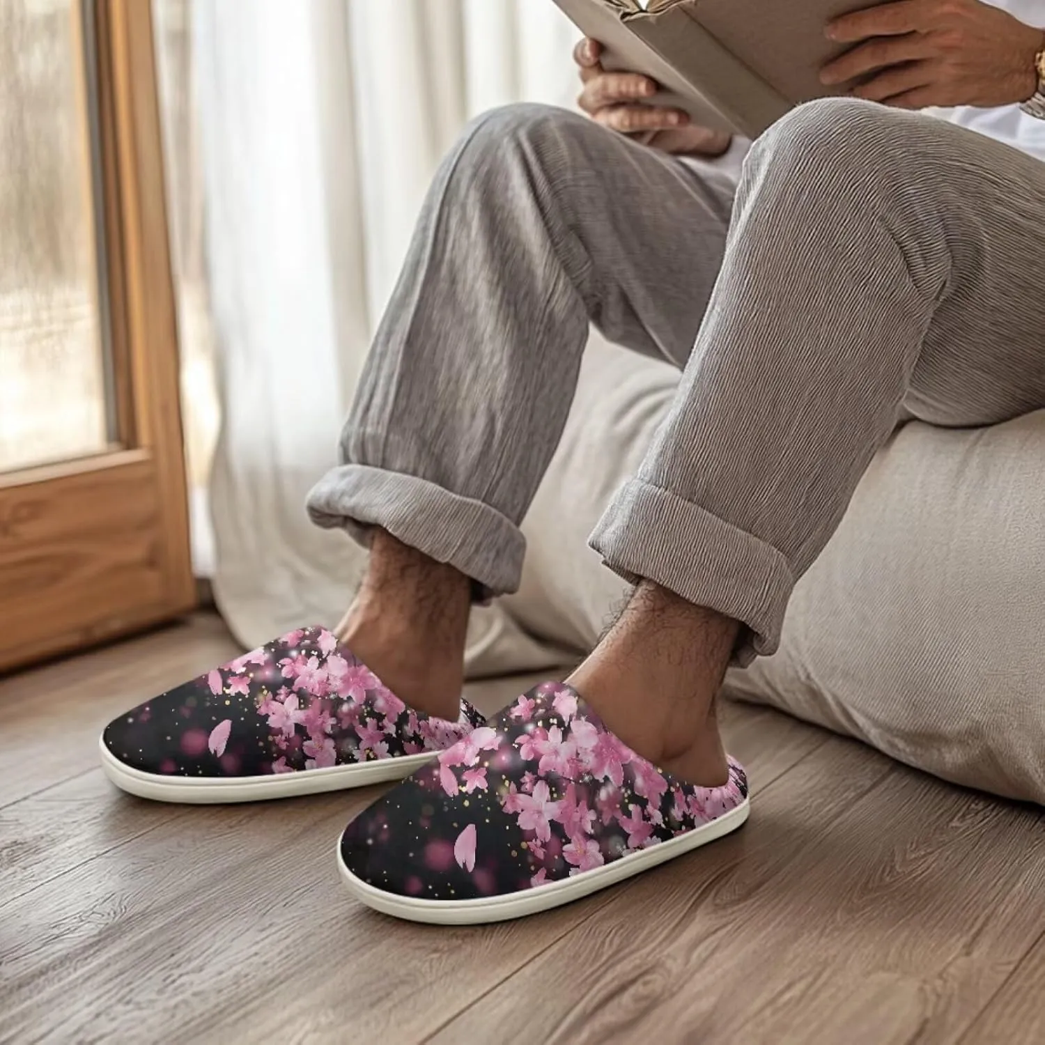 chaqlin Winter Fuzzy Slippers Flower Print Fluffy House Sandals Flat Heels Womens Wide Slip Resistant Memory Foam Bedroom Causal Shoes Slipper