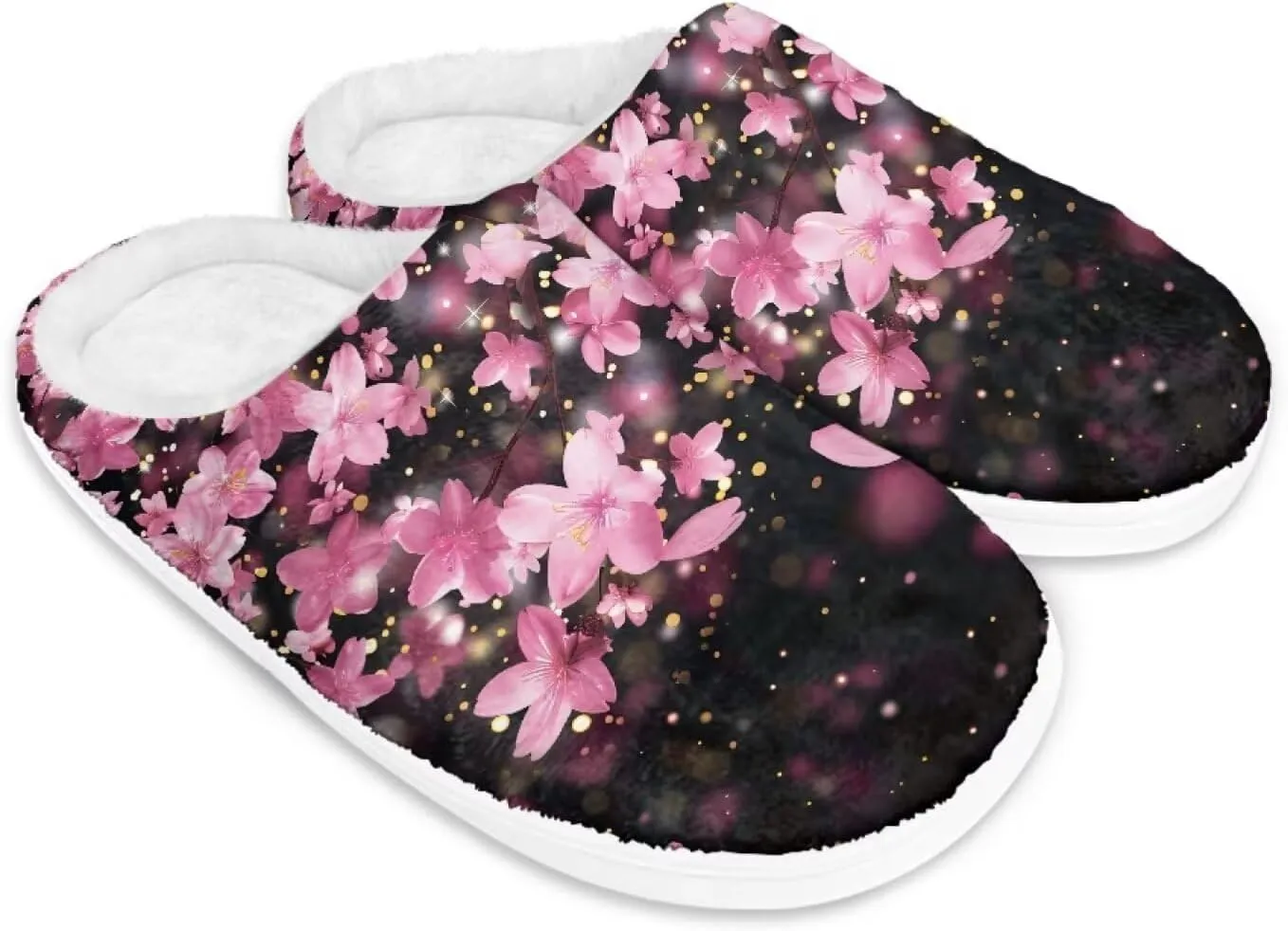 chaqlin Winter Fuzzy Slippers Flower Print Fluffy House Sandals Flat Heels Womens Wide Slip Resistant Memory Foam Bedroom Causal Shoes Slipper