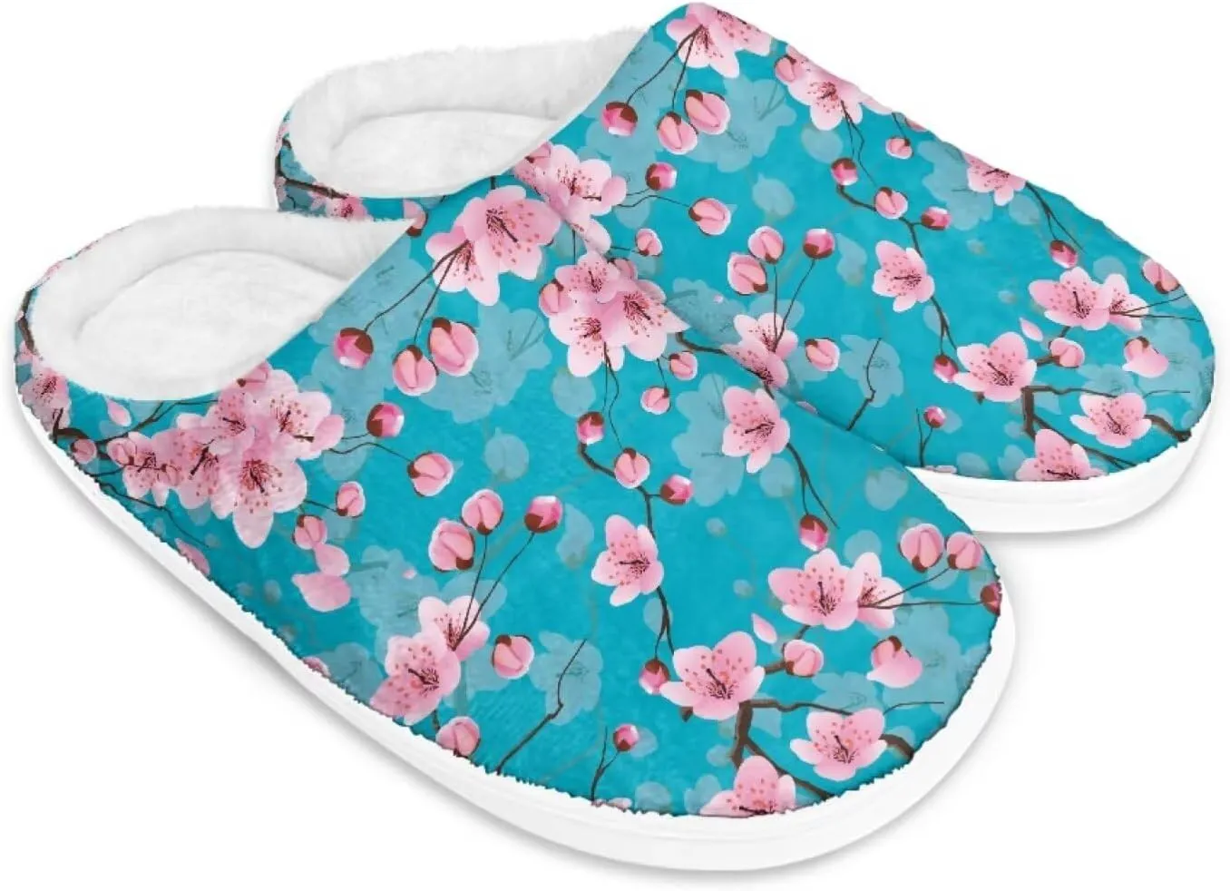 chaqlin Winter Fuzzy Slippers Flower Print Fluffy House Sandals Flat Heels Womens Wide Slip Resistant Memory Foam Bedroom Causal Shoes Slipper