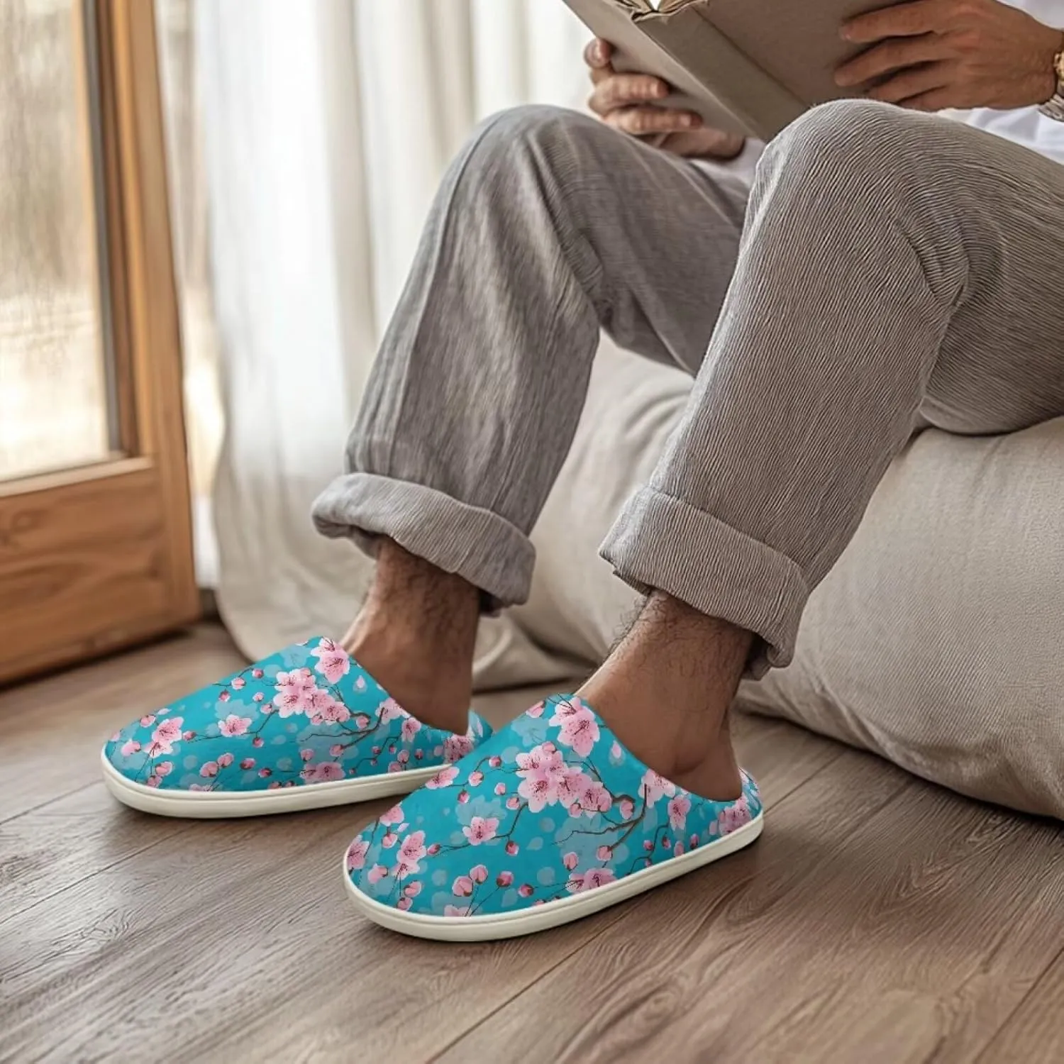 chaqlin Winter Fuzzy Slippers Flower Print Fluffy House Sandals Flat Heels Womens Wide Slip Resistant Memory Foam Bedroom Causal Shoes Slipper