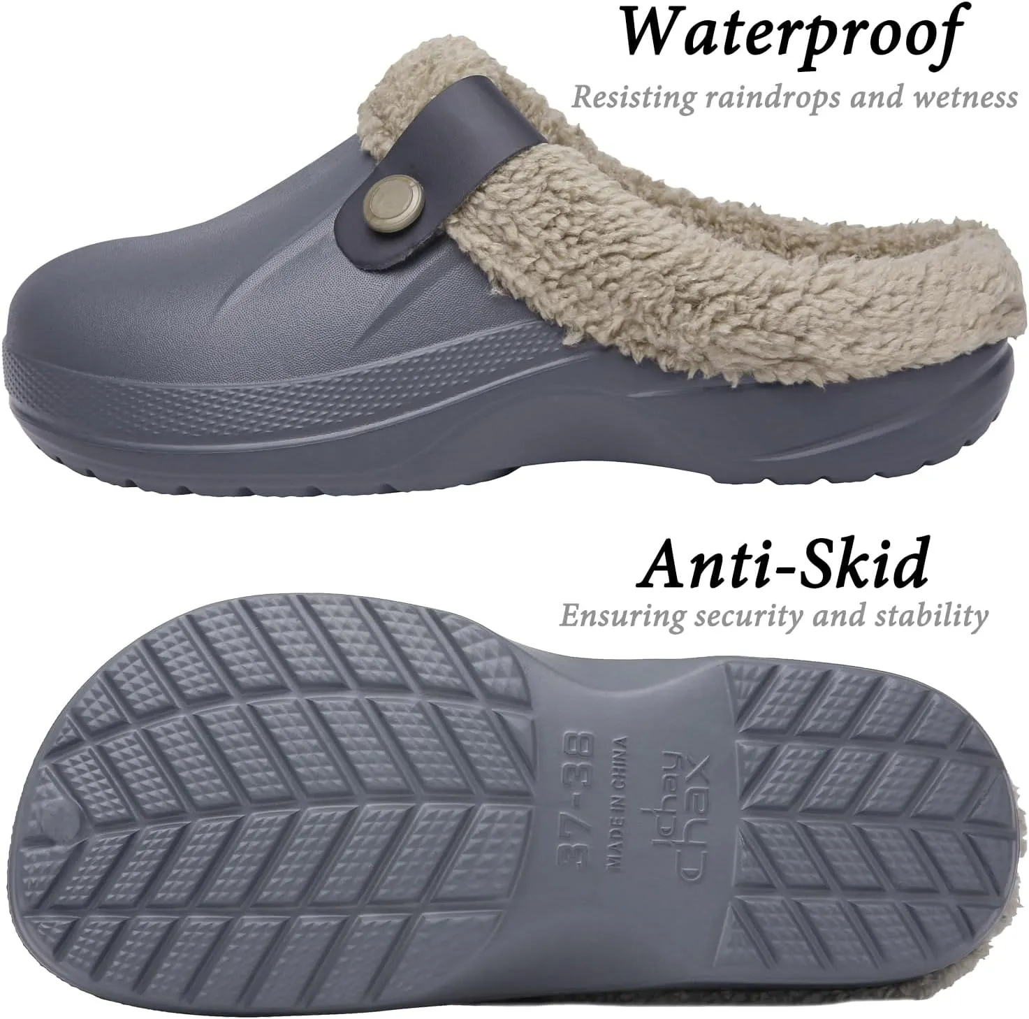 ChayChax Women and Men Fur Lined Clogs Memory Foam Warm Fuzzy Slippers Winter Waterproof Indoor Outdoor Slipper