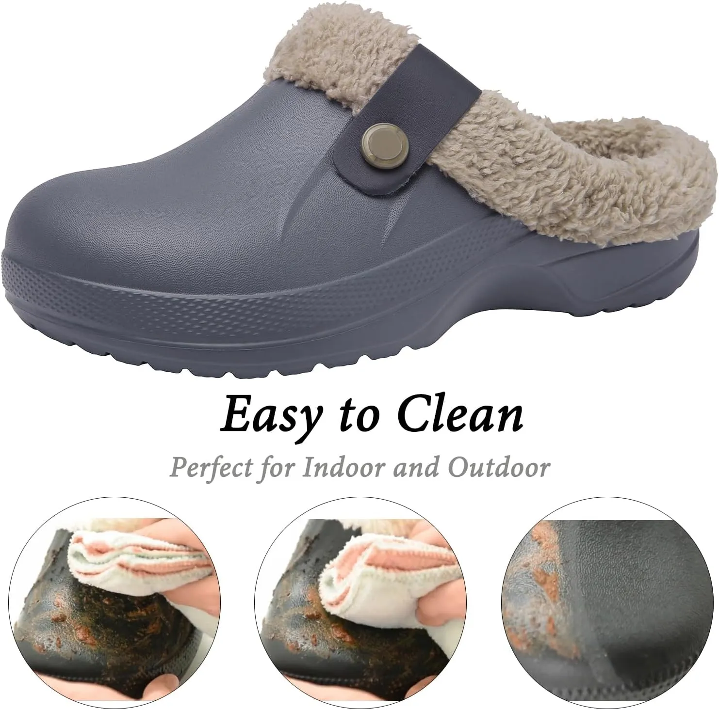 ChayChax Women and Men Fur Lined Clogs Memory Foam Warm Fuzzy Slippers Winter Waterproof Indoor Outdoor Slipper