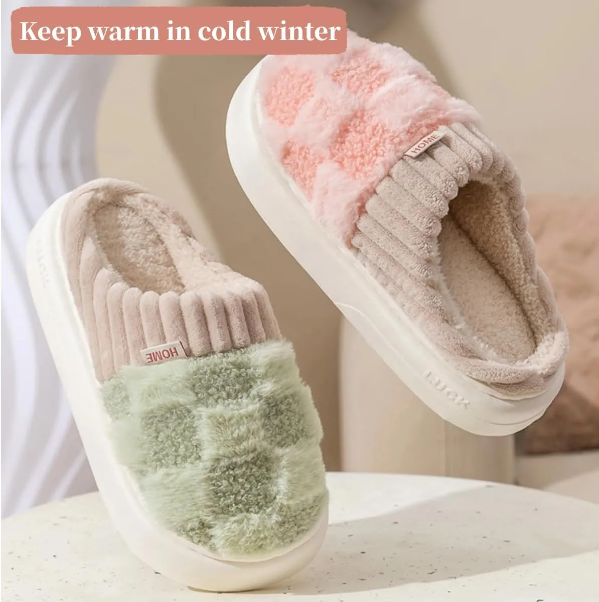 Checkered Slipper House Slippers for Women Men Plush Warm Fuzzy Slippers Flyffy Bedroom Shoes Indoor Slip On