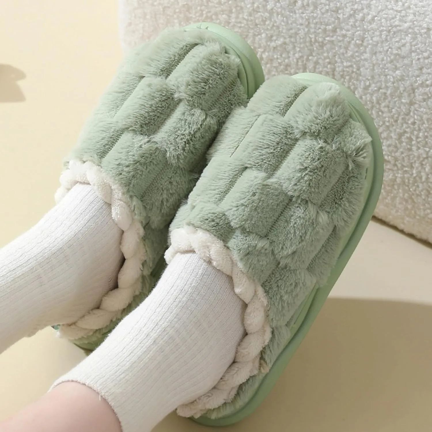 Checkered Slippers for Women Men Soft Fleece House Home Slipper Winter Warm Plush Bedroom Shoes Non-Slip Thickened Sole