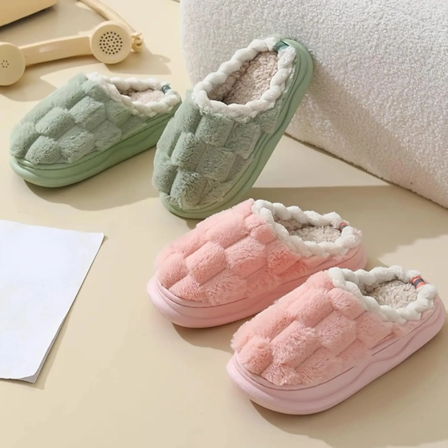 Checkered Slippers for Women Men Soft Fleece House Home Slipper Winter Warm Plush Bedroom Shoes Non-Slip Thickened Sole