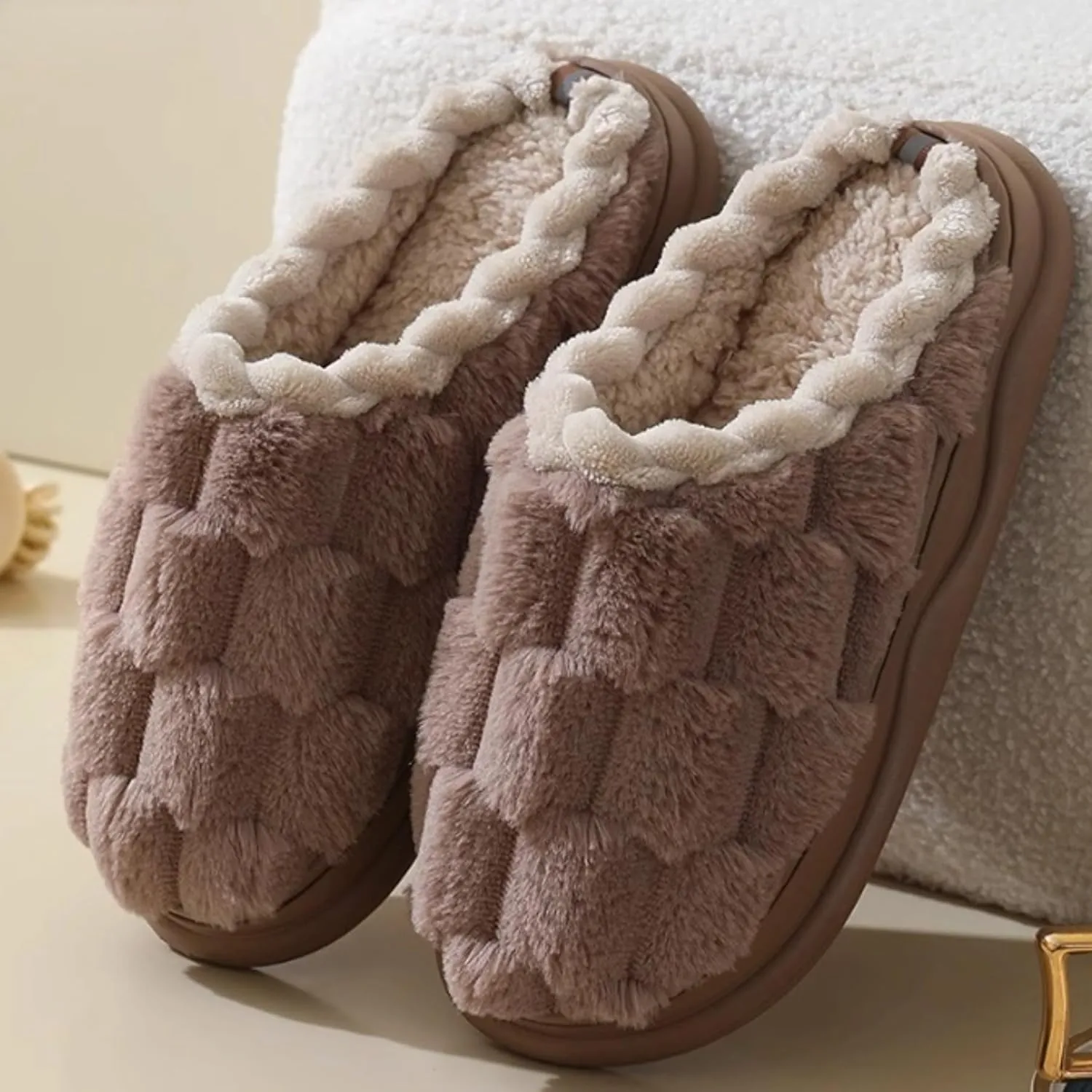 Checkered Slippers for Women Men Soft Fleece House Home Slipper Winter Warm Plush Bedroom Shoes Non-Slip Thickened Sole