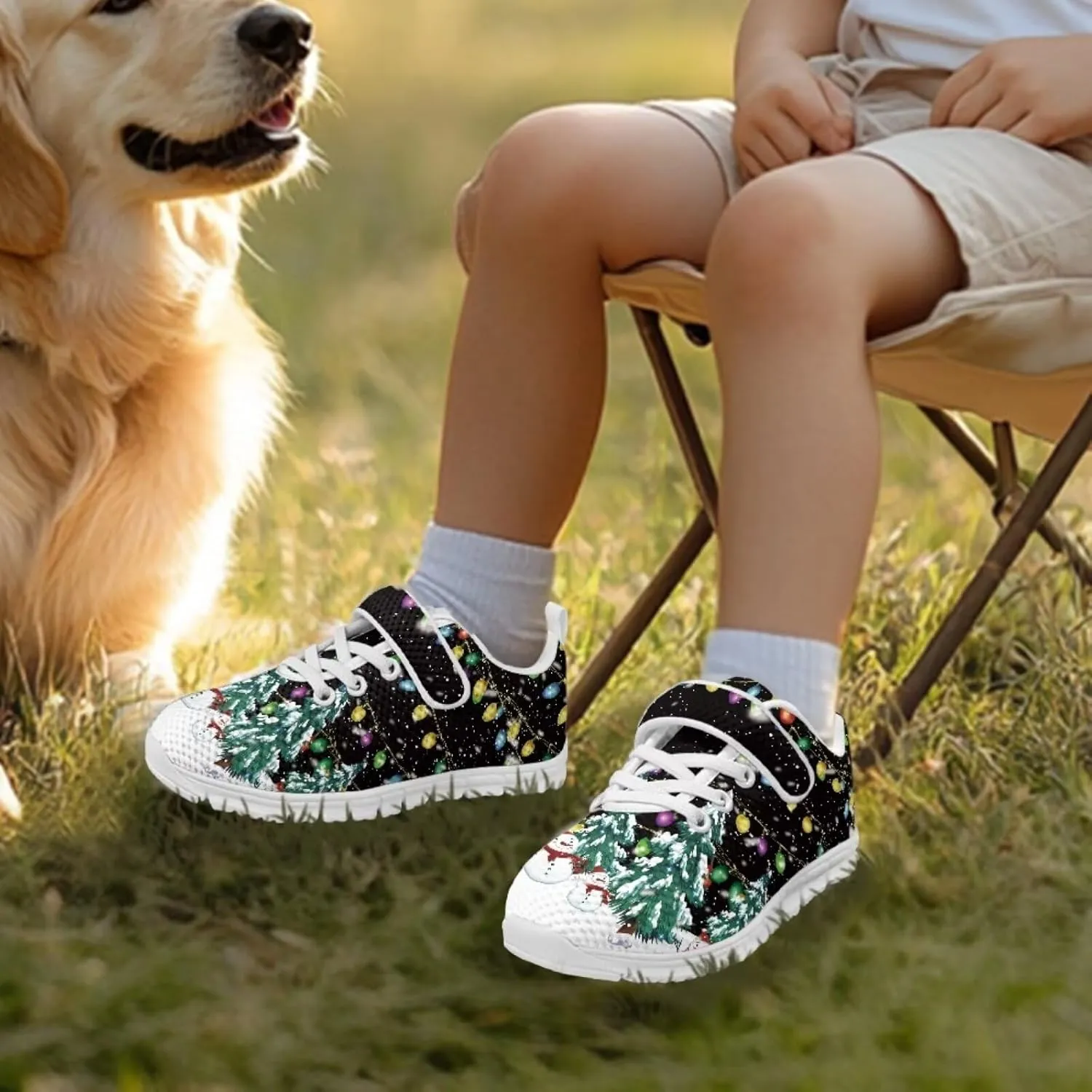 Christmas Sneakers for Boys Girls Non Slip Breathable Athletic Walking Shoes Kids Single Buckle Mesh Sneaker