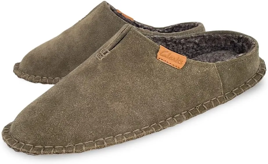 Clarks Mens Open Back Suede Leather Slipper With Heavy Stitching - Plush Sherpa Lining - Indoor Outdoor House Slippers For Men (12 M US, Sage)