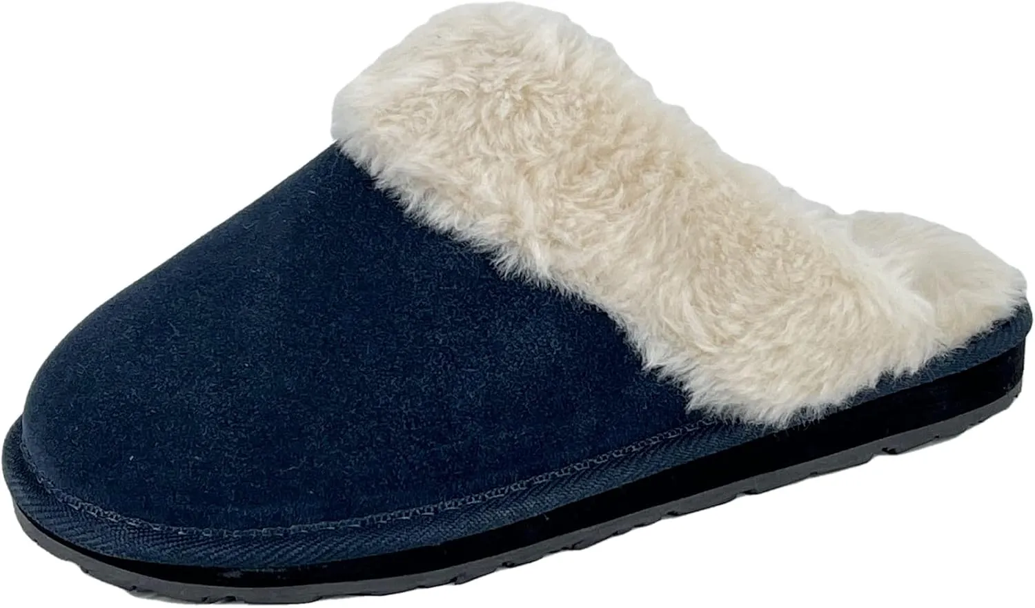Clarks Womens Open Back Suede Leather Comfort Clog Slipper JMS0583C - Plush Faux Fur Trim - Indoor Outdoor House Slippers For Women (8 M US, Navy)