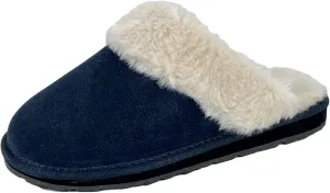 Clarks Womens Open Back Suede Leather Comfort Clog Slipper JMS0583C - Plush Faux Fur Trim - Indoor Outdoor House Slippers For Women (8 M US, Navy)