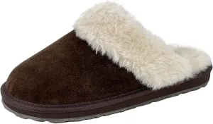 Clarks Womens Open Back Suede Leather Comfort Clog Slipper JMS0583C - Plush Faux Fur Trim - Indoor Outdoor House Slippers For Women (9 M US, Dk Brown)