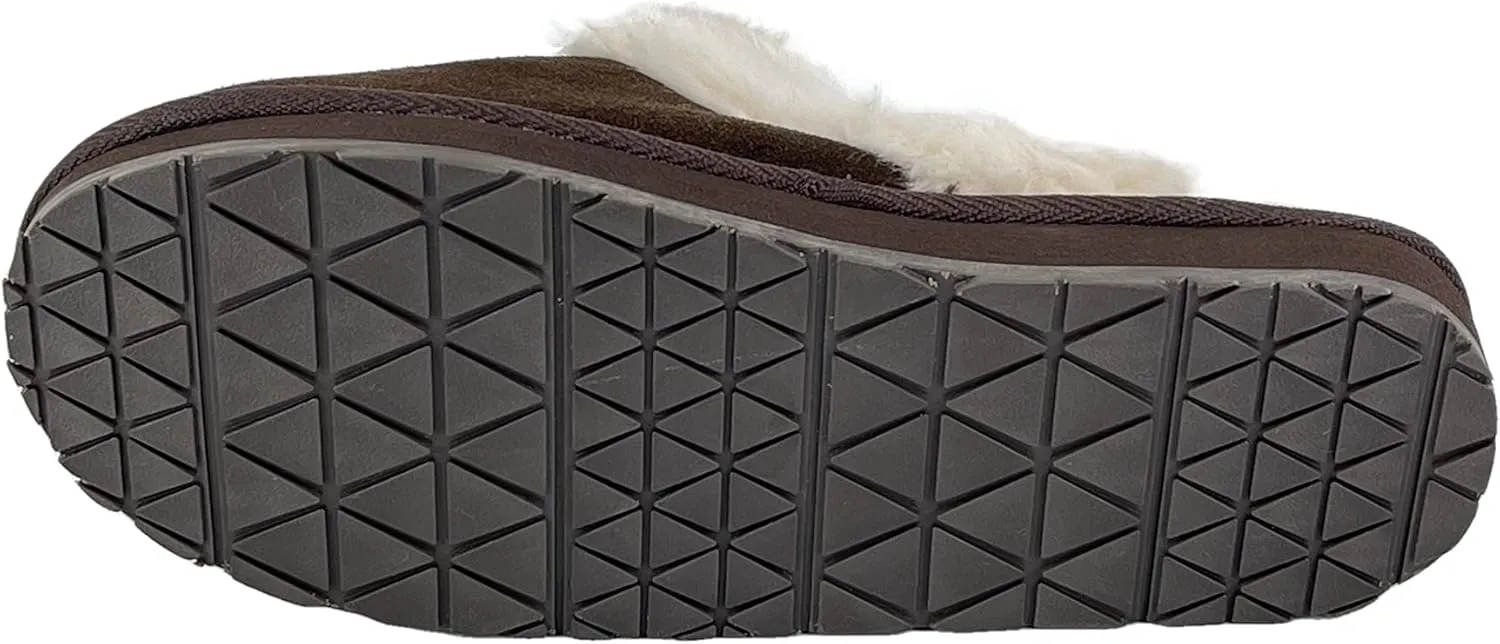 Clarks Womens Open Back Suede Leather Comfort Clog Slipper JMS0583C - Plush Faux Fur Trim - Indoor Outdoor House Slippers For Women