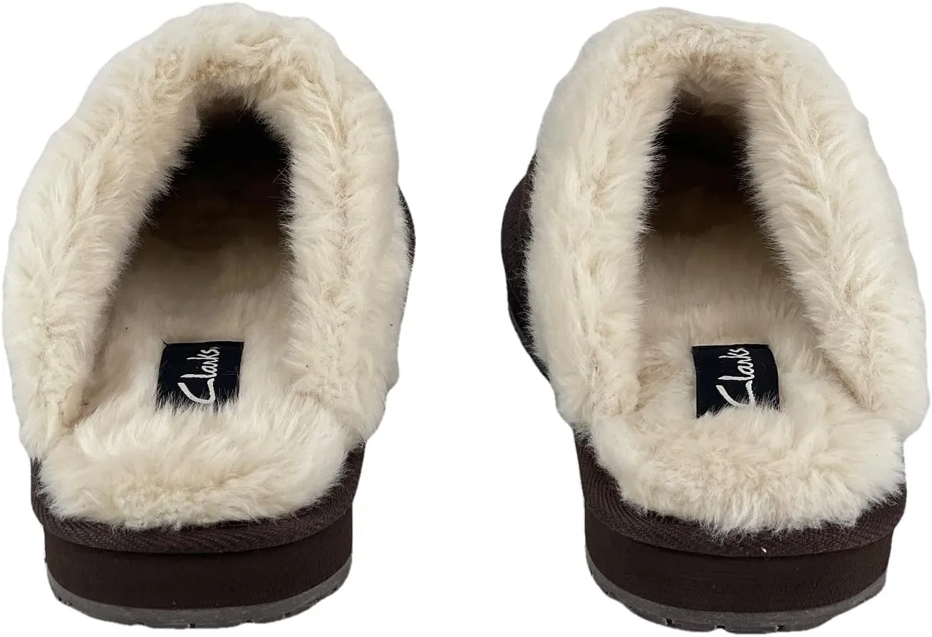 Clarks Womens Open Back Suede Leather Comfort Clog Slipper JMS0583C - Plush Faux Fur Trim - Indoor Outdoor House Slippers For Women
