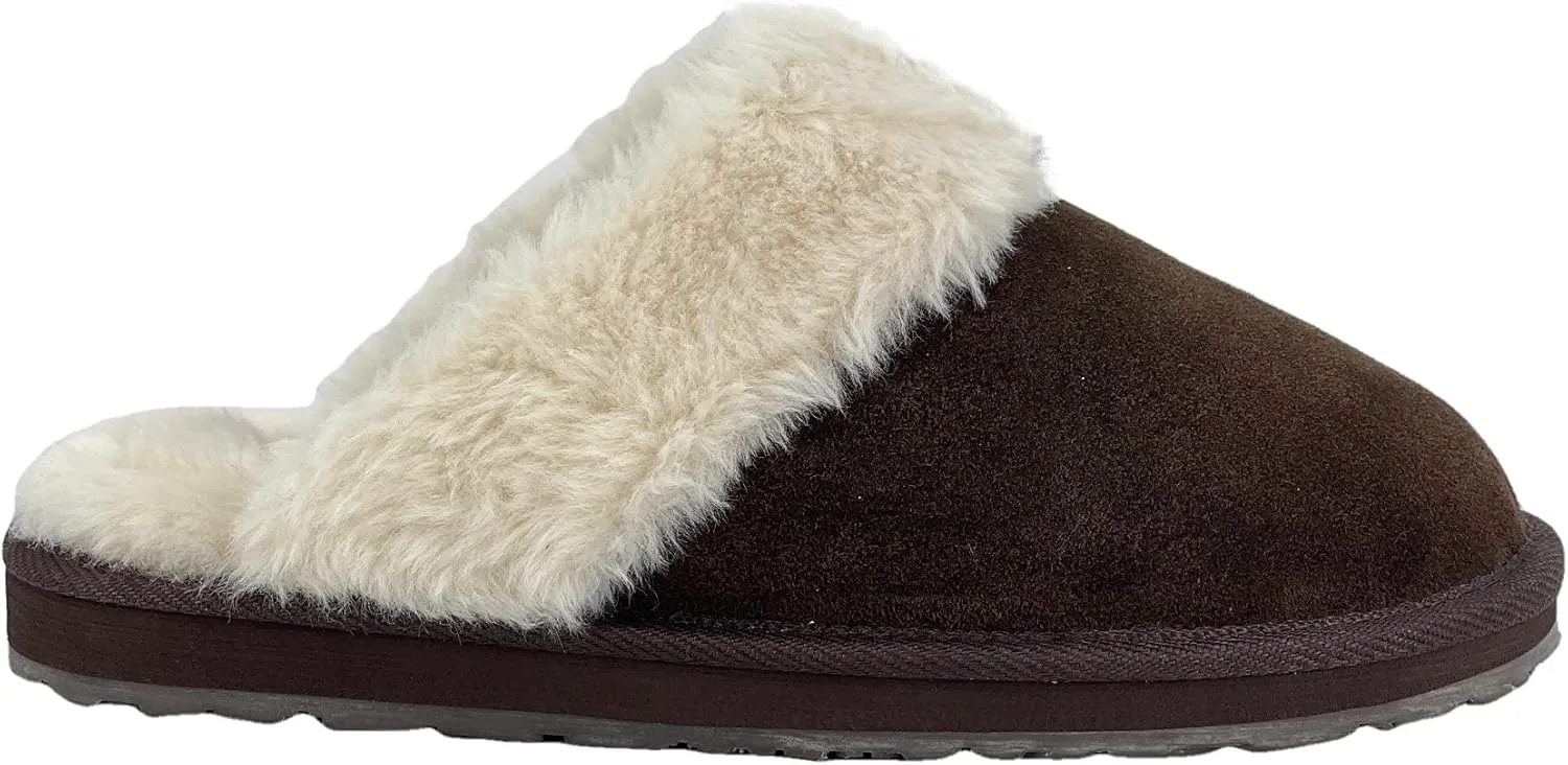 Clarks Womens Open Back Suede Leather Comfort Clog Slipper JMS0583C - Plush Faux Fur Trim - Indoor Outdoor House Slippers For Women